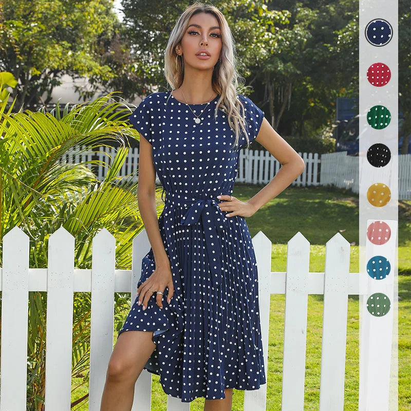 Summer Dresses for Women High Waist Midi Elegant Pleated Polka Dots Office Lady Dinner Party Vacation Dress Female Clothing Robe