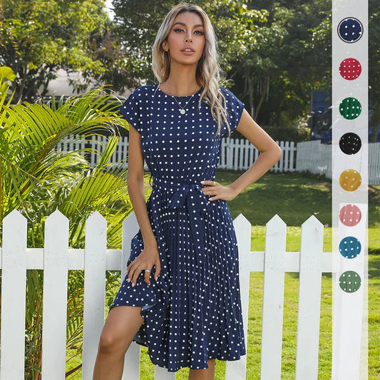 Summer Dresses for Women High Waist Midi Elegant Pleated Polka Dots Office Lady Dinner Party Vacation Dress Female Clothing Robe