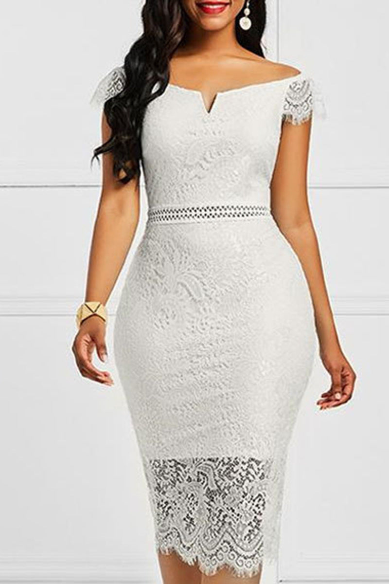 Blonde Bodycon Midi Kjole med V-hals – Hvid, Sort, Rød og Mørkeblå