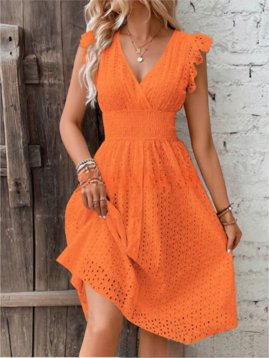 Fashion White Hollow Lace Midi Dresses Women Summer V Neck Ruffle Sleeve Dress Elegant Office Lady Casual Beach Holiday Sundres