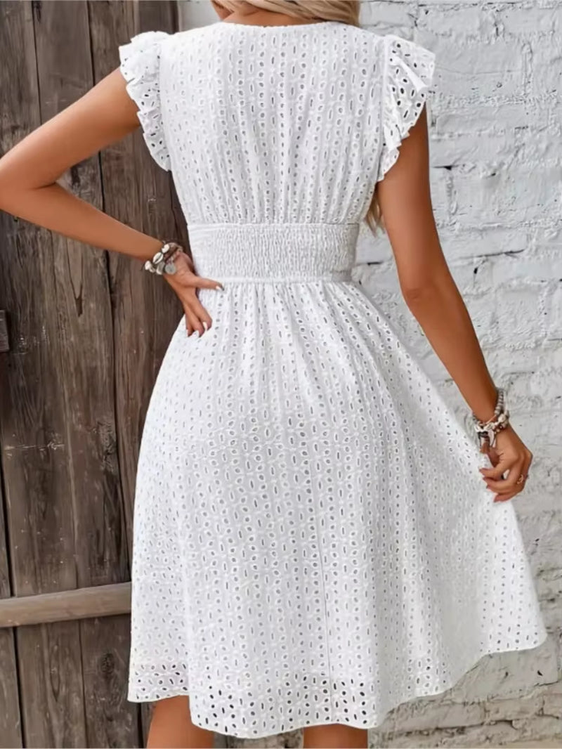 Fashion White Hollow Lace Midi Dresses Women Summer V Neck Ruffle Sleeve Dress Elegant Office Lady Casual Beach Holiday Sundres