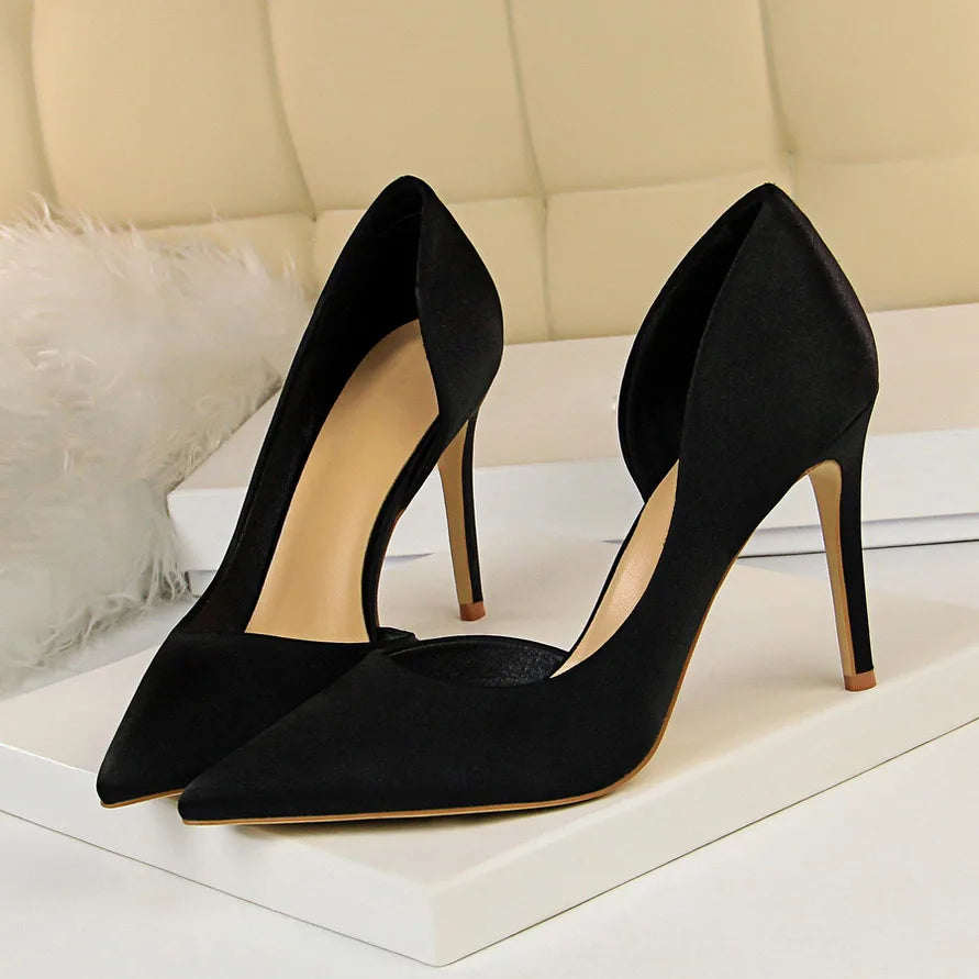 2023 Women 9.5Cm High Heels Blue Pumps Satin Escarpins Luxury Stiletto Lady Shoes High Heels Scarpins Burgundy Green Prom Shoes