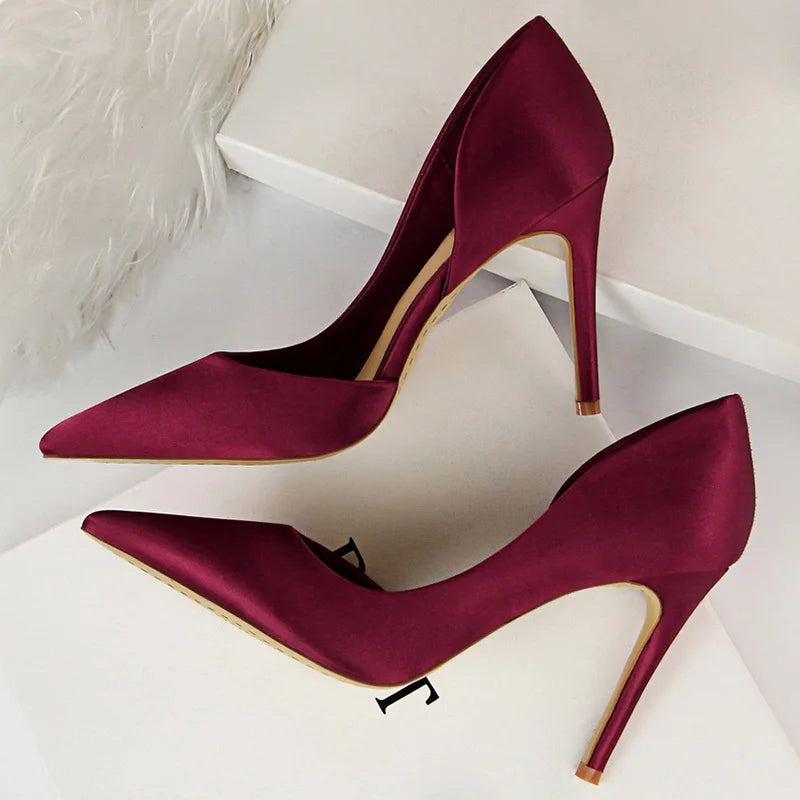 2023 Women 9.5Cm High Heels Blue Pumps Satin Escarpins Luxury Stiletto Lady Shoes High Heels Scarpins Burgundy Green Prom Shoes