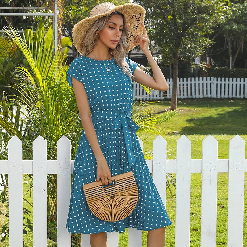 Summer Dresses for Women High Waist Midi Elegant Pleated Polka Dots Office Lady Dinner Party Vacation Dress Female Clothing Robe