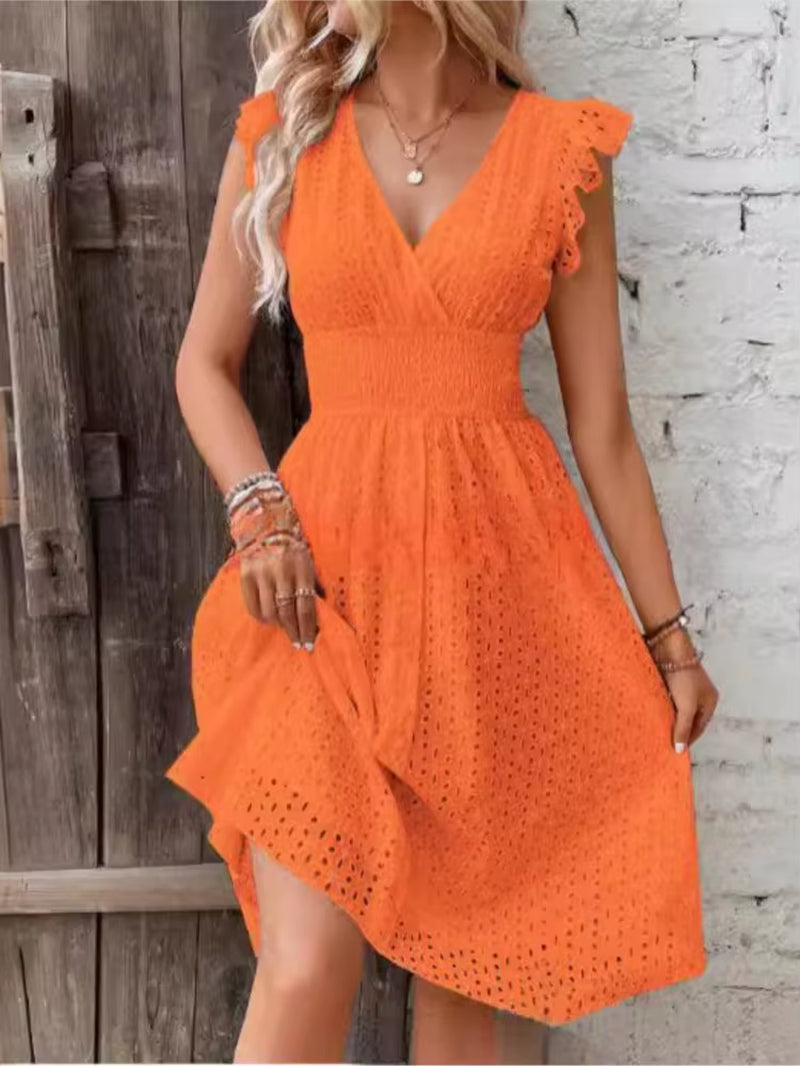 Fashion White Hollow Lace Midi Dresses Women Summer V Neck Ruffle Sleeve Dress Elegant Office Lady Casual Beach Holiday Sundres