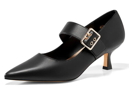 Coutgo Womens Kitten Heels Mary Jane Shoes Closed Pointed Toe Dress Shoes Buckle Work Office Pump Shoes Black Size 11