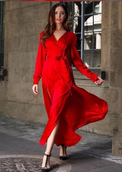 Elegant V-Hals Langærmet Kjole