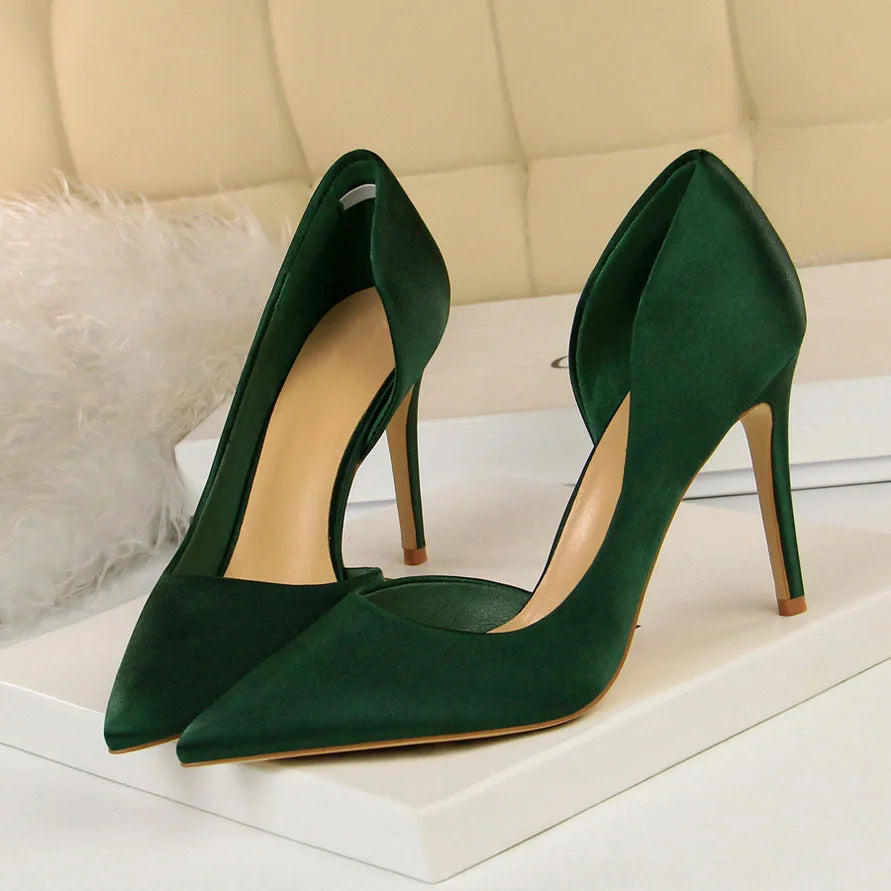 2023 Women 9.5Cm High Heels Blue Pumps Satin Escarpins Luxury Stiletto Lady Shoes High Heels Scarpins Burgundy Green Prom Shoes