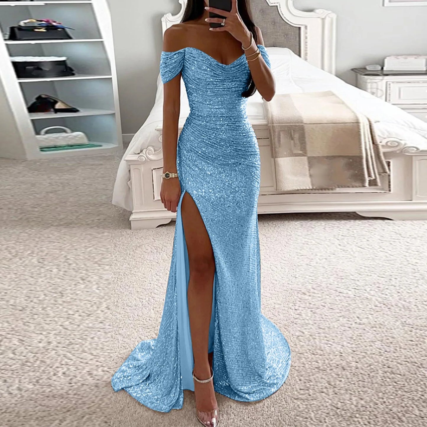 Party Dresses for Women Female Prom Party Dress with Sparkly Glitter Sequin Floor-Length Dress for Women Slim Fit Wrap Hip Dress