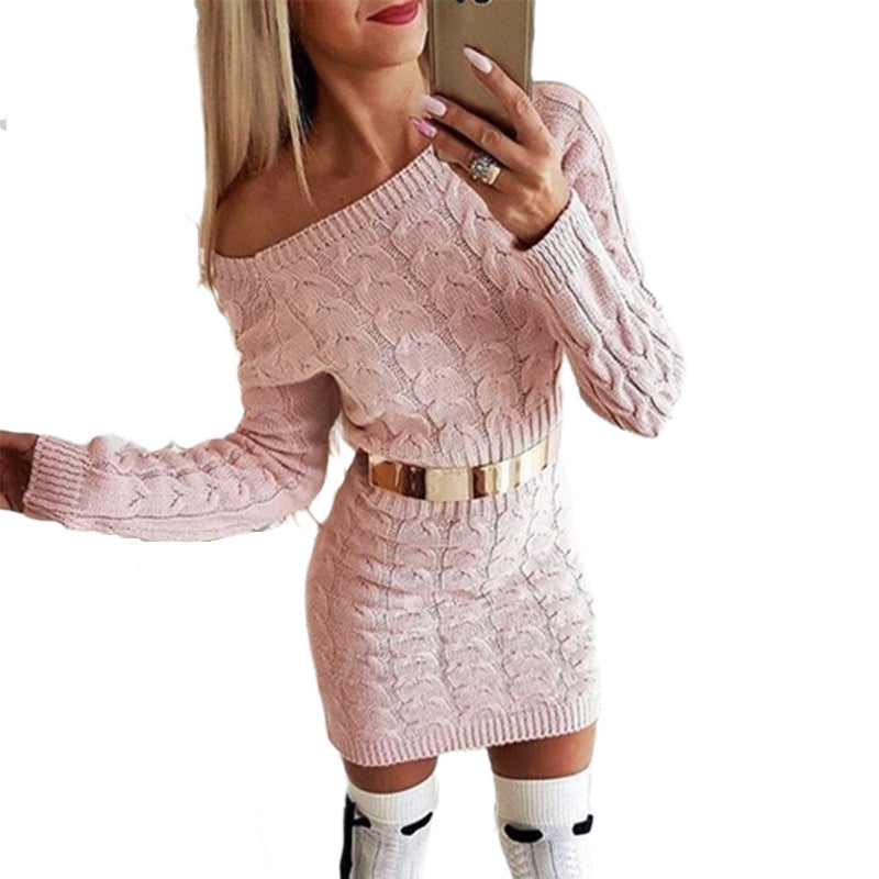 Off-Shoulder Strikkjole med Taljesnit – Blomsterstrik i Fluo Farver