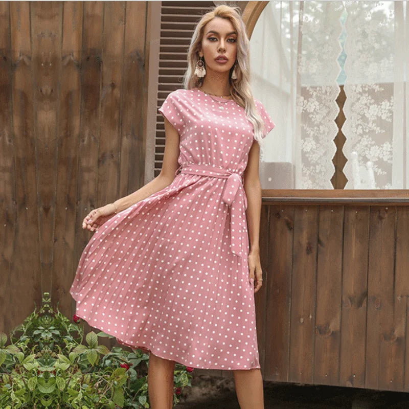 Summer Dresses for Women High Waist Midi Elegant Pleated Polka Dots Office Lady Dinner Party Vacation Dress Female Clothing Robe