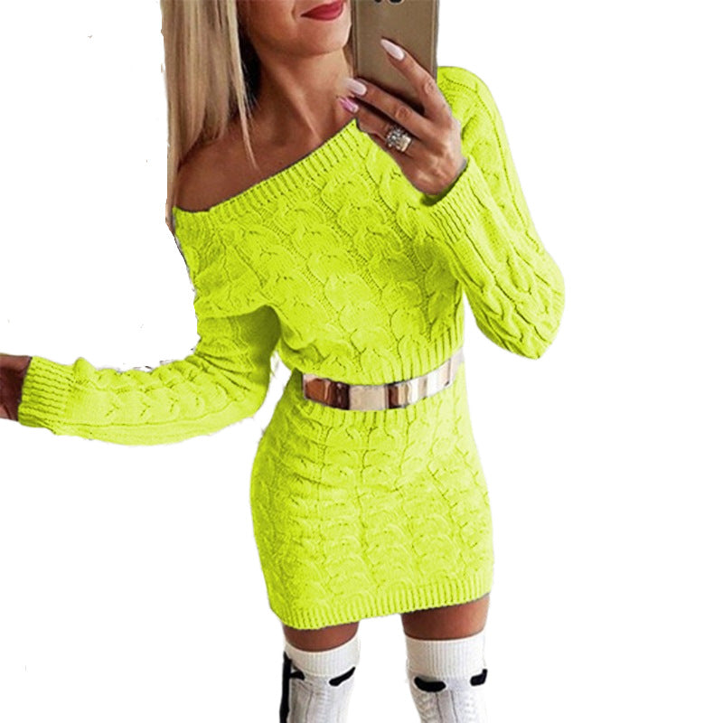 Off-Shoulder Strikkjole med Taljesnit – Blomsterstrik i Fluo Farver