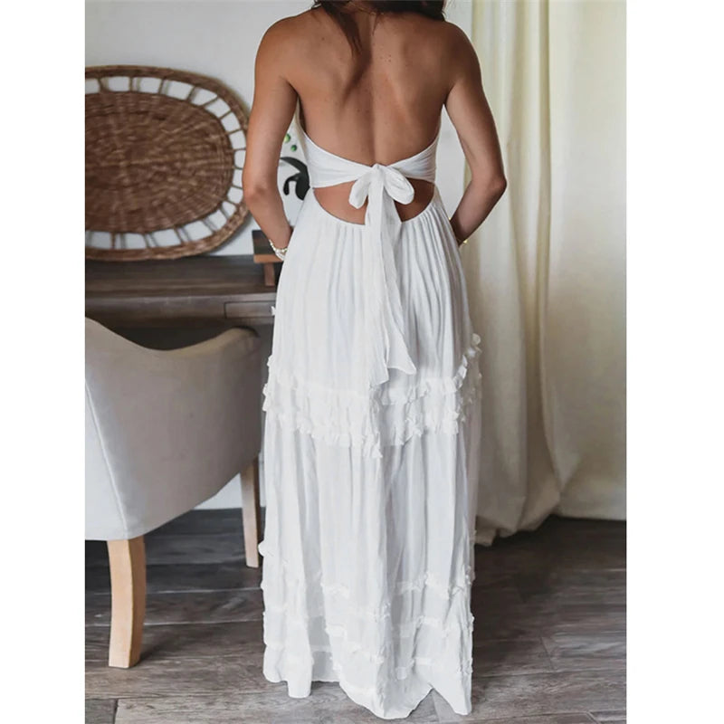 Women'S Low Cut Tie Back Sleeveless Long Dress Elegant Ruffles Drawstring Flowy Dress Bohemian Summer Beachwear Dresses