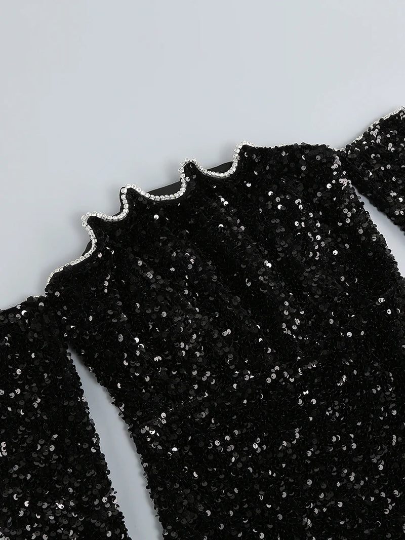 Sexy Slash Neck Long Sleeve Sparkling Sequins Dress Women Black off Shoulder Diamonds Slim Mini Dress Eelgant Party Evening Dres