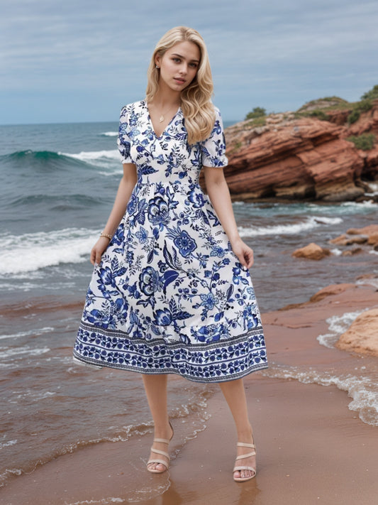 New Women’S Floral Print V-Neck Dress, Floral Dress, Suitable for Vacation, Women’S Dress
