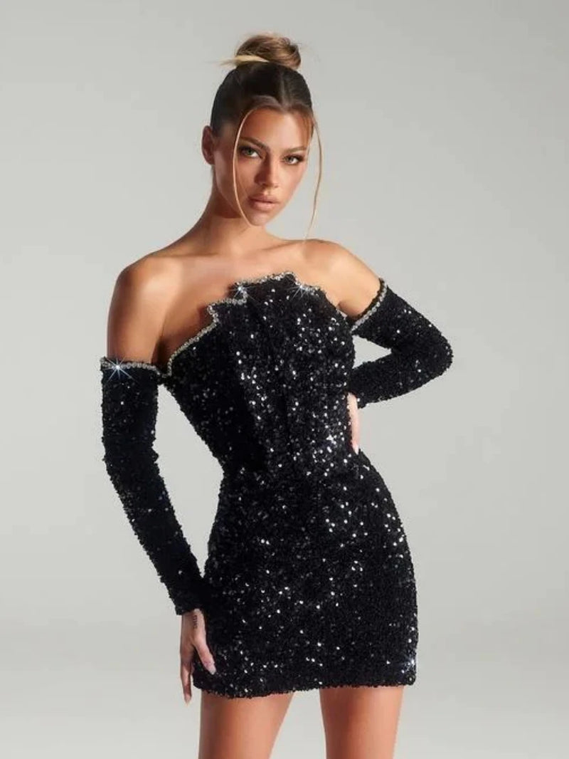 Sexy Slash Neck Long Sleeve Sparkling Sequins Dress Women Black off Shoulder Diamonds Slim Mini Dress Eelgant Party Evening Dres