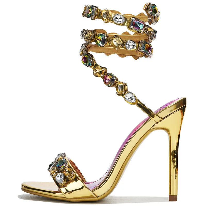 Star Style Luxury Crystal Embellished Wraparound Women Sandals Stiletto High Heels Gladiator Sandals Summer Wedding Prom Shoes