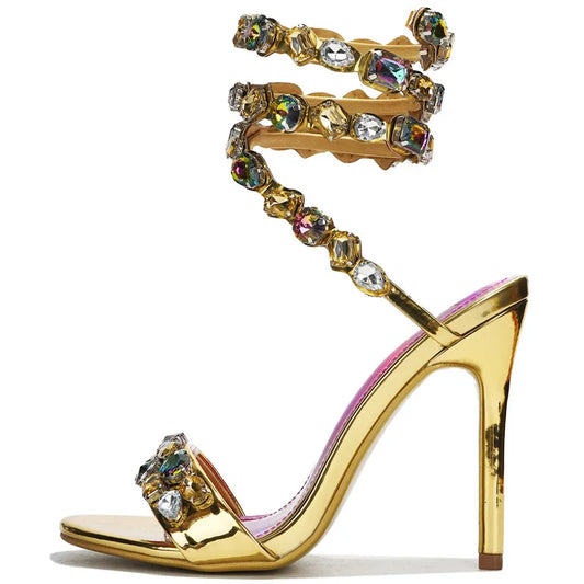 Star Style Luxury Crystal Embellished Wraparound Women Sandals Stiletto High Heels Gladiator Sandals Summer Wedding Prom Shoes