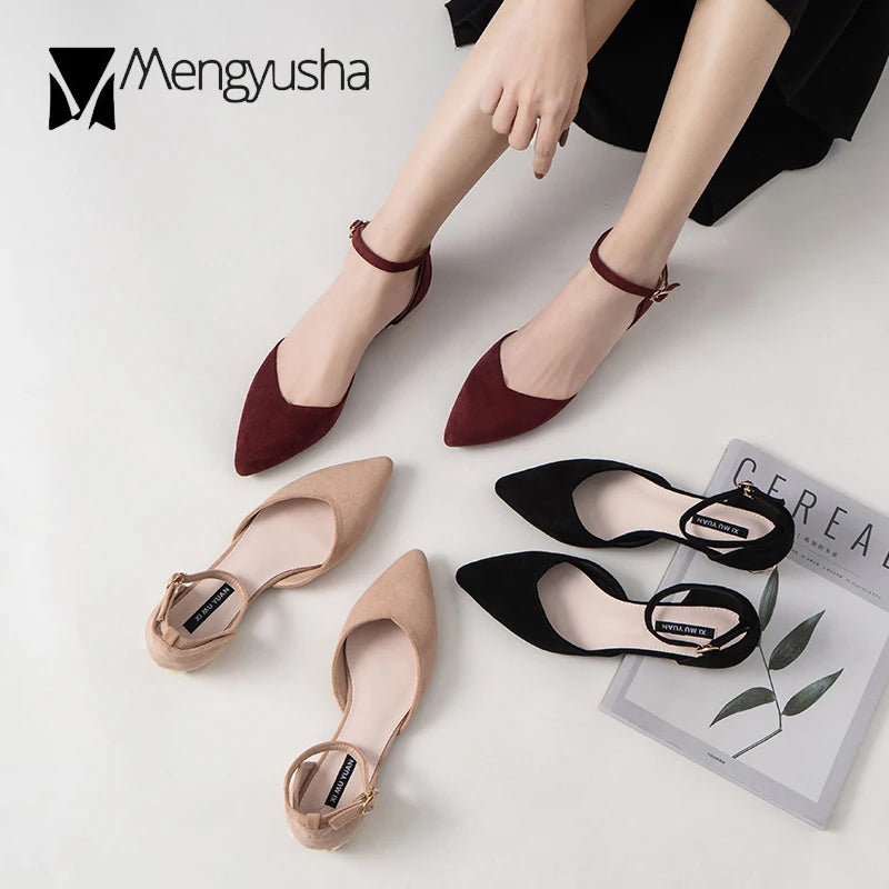 D'Orsay Suede Cover Metal Low Heels Office Sandals Women Pointed Toe Buckle Sandalias Elegant Closed Toe Summer Work Shoes Women