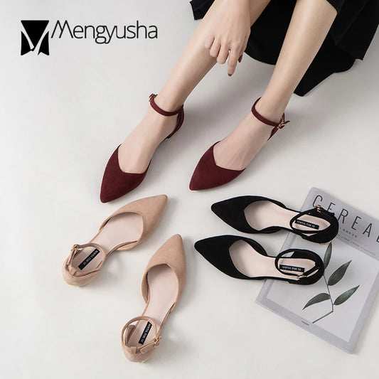 D'Orsay Suede Cover Metal Low Heels Office Sandals Women Pointed Toe Buckle Sandalias Elegant Closed Toe Summer Work Shoes Women