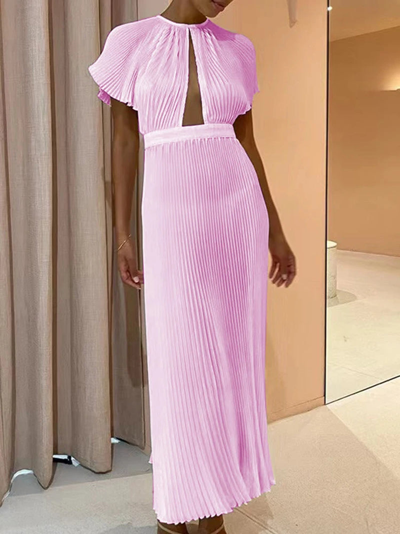 Elegant Hollow Out Pleated Dress Women Fashion Backless a Line Dress Spring Flare Sleeve Long Dress Office Lady Party Dres