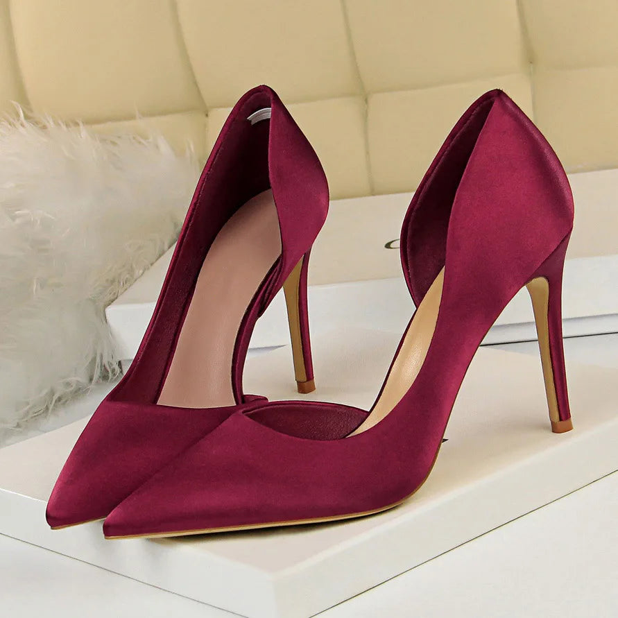 2023 Women 9.5Cm High Heels Blue Pumps Satin Escarpins Luxury Stiletto Lady Shoes High Heels Scarpins Burgundy Green Prom Shoes
