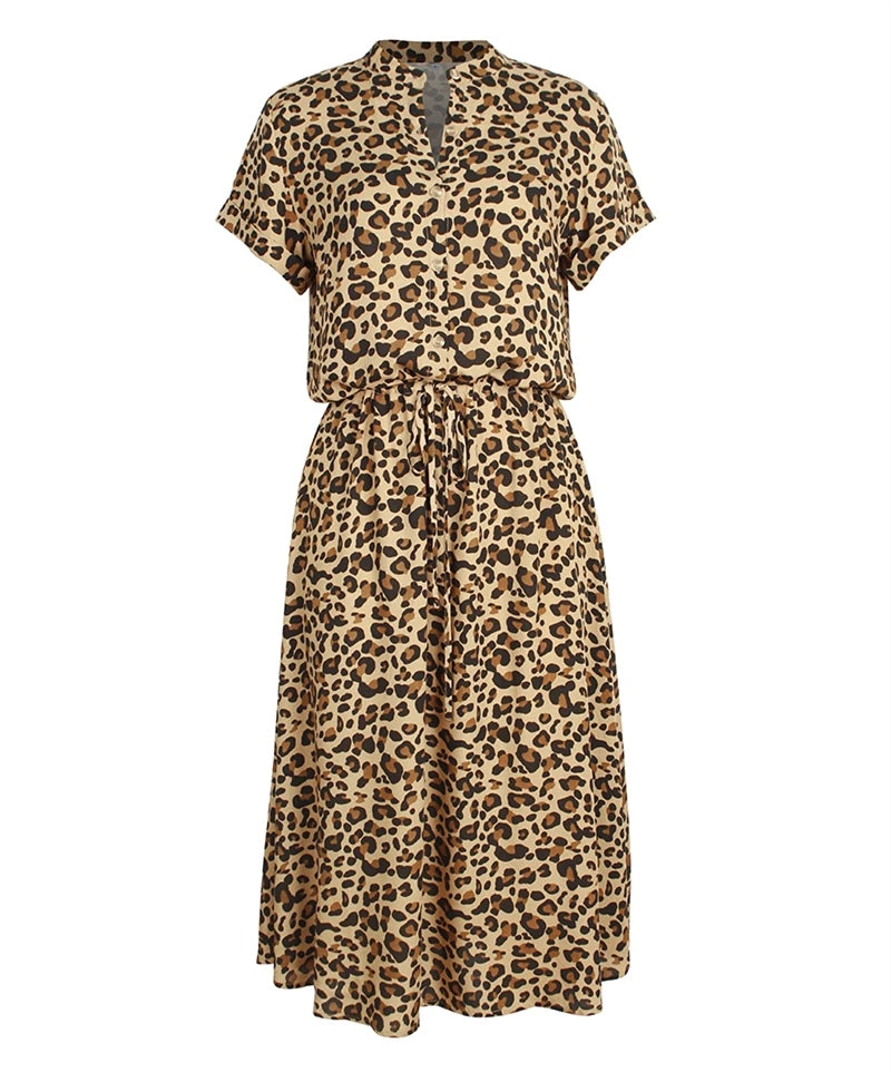 Ladies Bohemian Leopard Print Shirt Dress Women Casual Midi Holiday Summer Dress Female A-Line Loose Women Beach Dress Vestidos