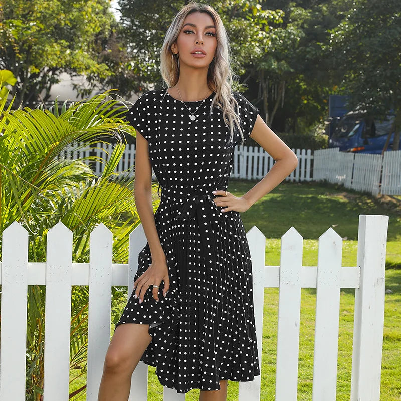 Summer Dresses for Women High Waist Midi Elegant Pleated Polka Dots Office Lady Dinner Party Vacation Dress Female Clothing Robe