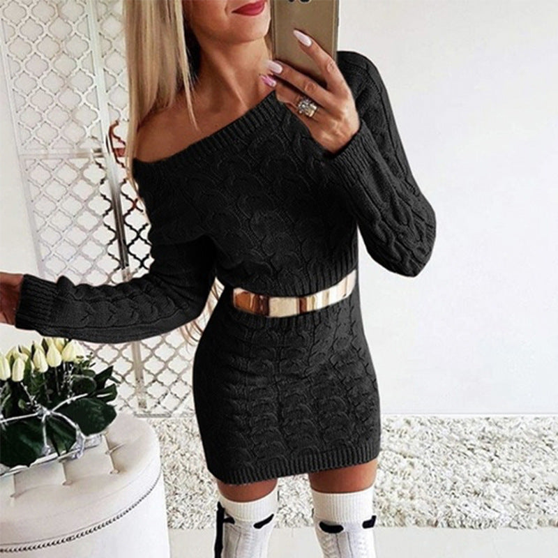 Off-Shoulder Strikkjole med Taljesnit – Blomsterstrik i Fluo Farver