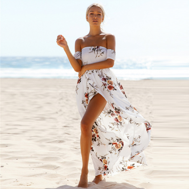 Boho Stil Lang Kjole Plus Size S-5XL Dame Off-Shoulder Strand Sommer