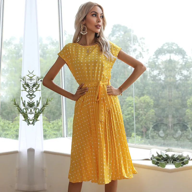 Summer Dresses for Women High Waist Midi Elegant Pleated Polka Dots Office Lady Dinner Party Vacation Dress Female Clothing Robe