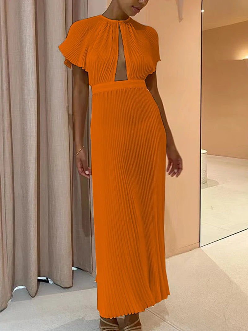 Elegant Hollow Out Pleated Dress Women Fashion Backless a Line Dress Spring Flare Sleeve Long Dress Office Lady Party Dres