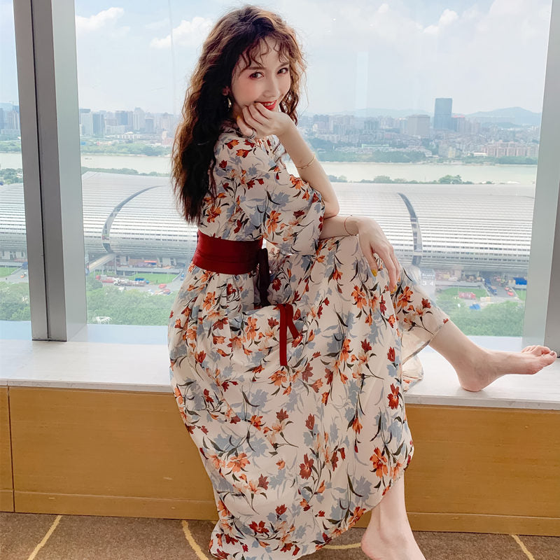 Plus size modificeret Hanfu sommerkjole med blomsterprint