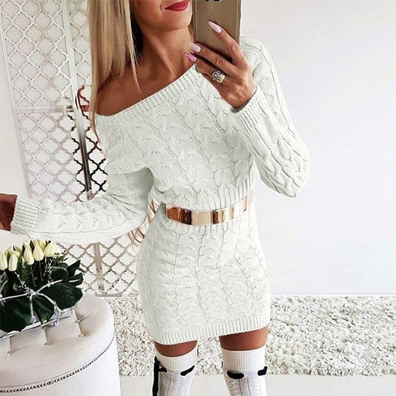 Off-Shoulder Strikkjole med Taljesnit – Blomsterstrik i Fluo Farver