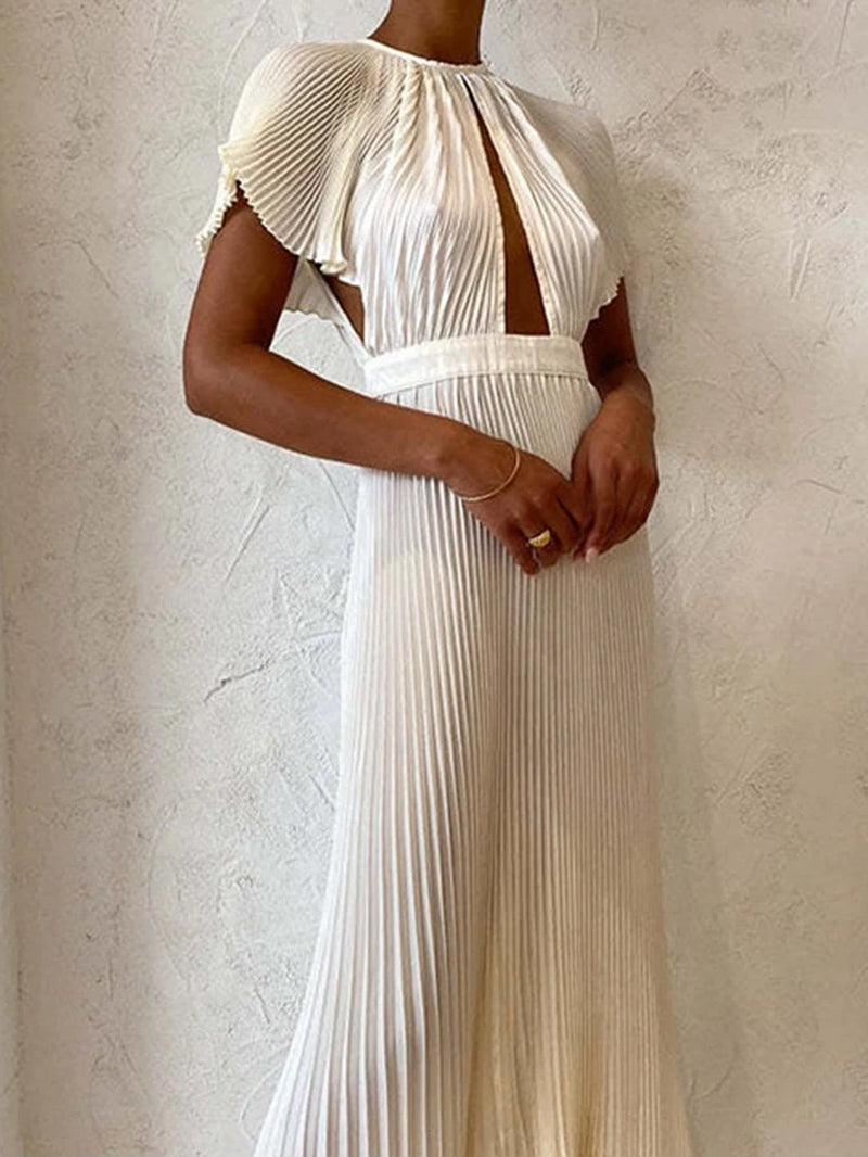 Elegant Hollow Out Pleated Dress Women Fashion Backless a Line Dress Spring Flare Sleeve Long Dress Office Lady Party Dres