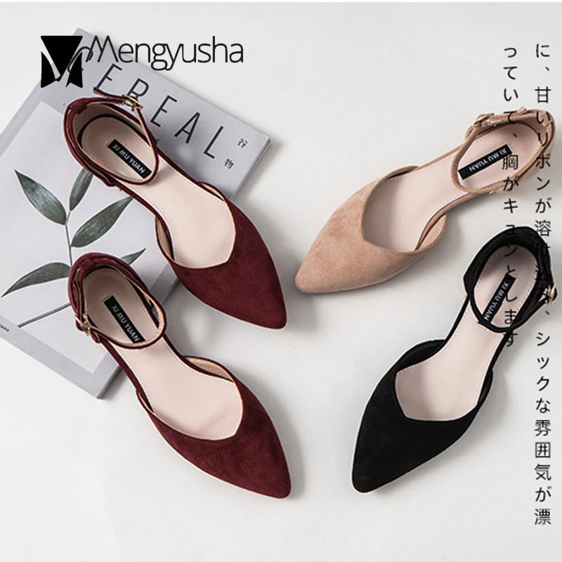 D'Orsay Suede Cover Metal Low Heels Office Sandals Women Pointed Toe Buckle Sandalias Elegant Closed Toe Summer Work Shoes Women