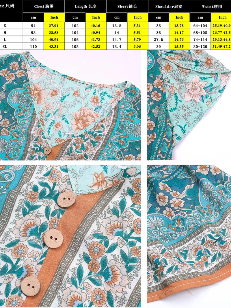 Green Floral Print Boho Midi Summer Dress Women 2023 Elegant Short Petal Sleeve Dresses Party Vacation Beach Outfits Female Robe