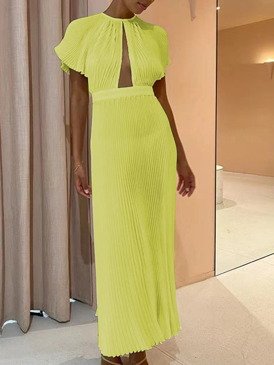 Elegant Hollow Out Pleated Dress Women Fashion Backless a Line Dress Spring Flare Sleeve Long Dress Office Lady Party Dres