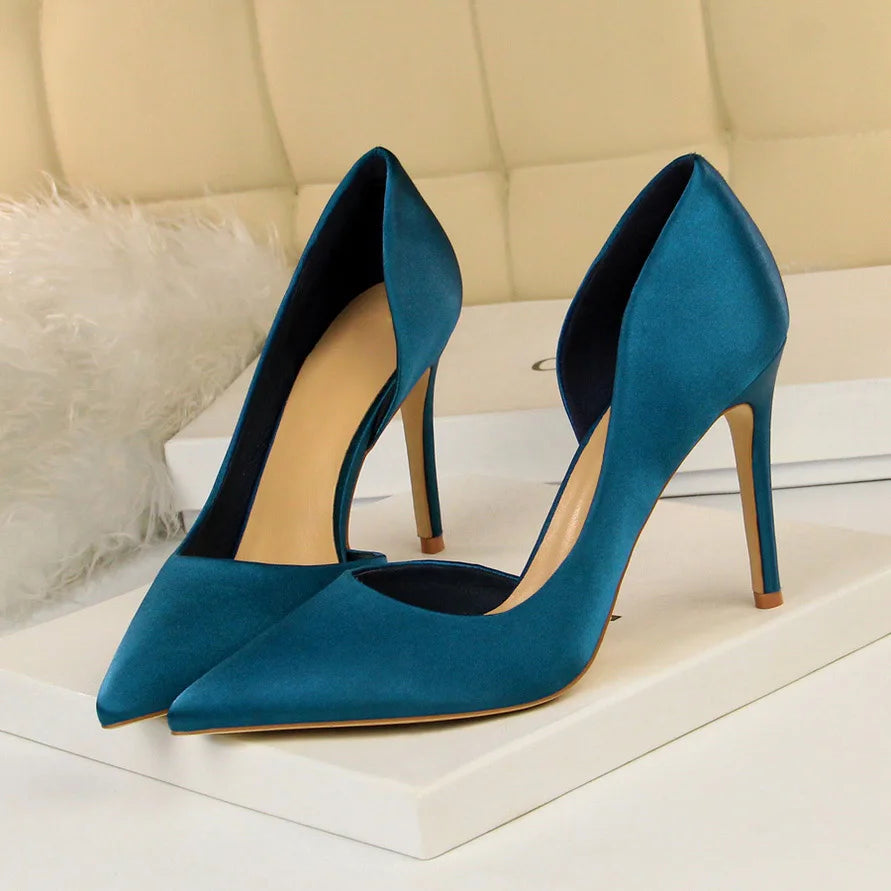 2023 Women 9.5Cm High Heels Blue Pumps Satin Escarpins Luxury Stiletto Lady Shoes High Heels Scarpins Burgundy Green Prom Shoes