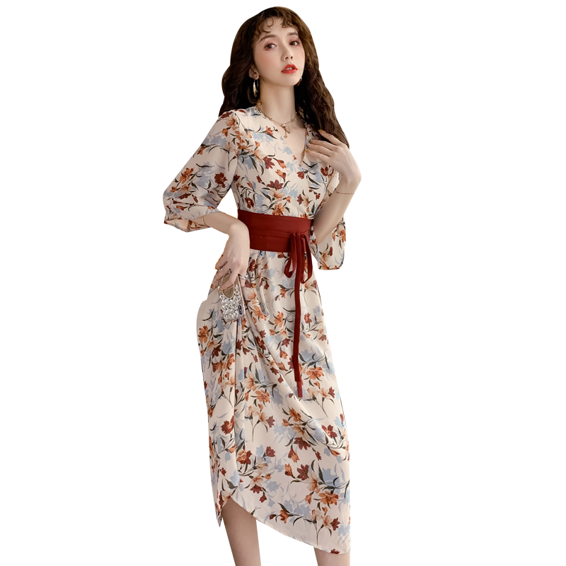 Plus size modificeret Hanfu sommerkjole med blomsterprint