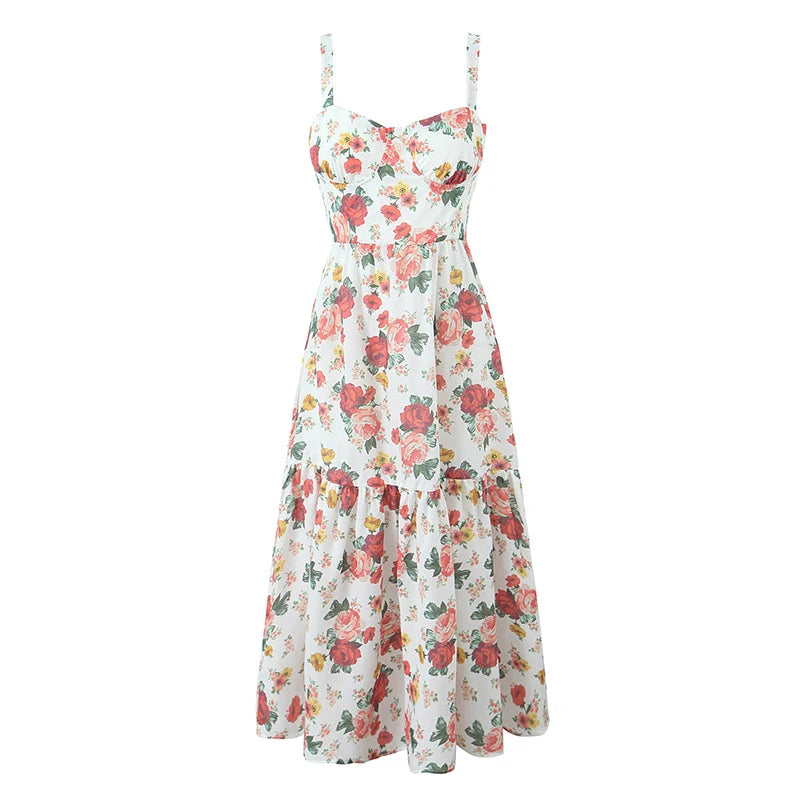 Sexy Elegant Women Lace Trim Floral Print A-Line Midi Summer Dress Holiday Party Robe Cotton