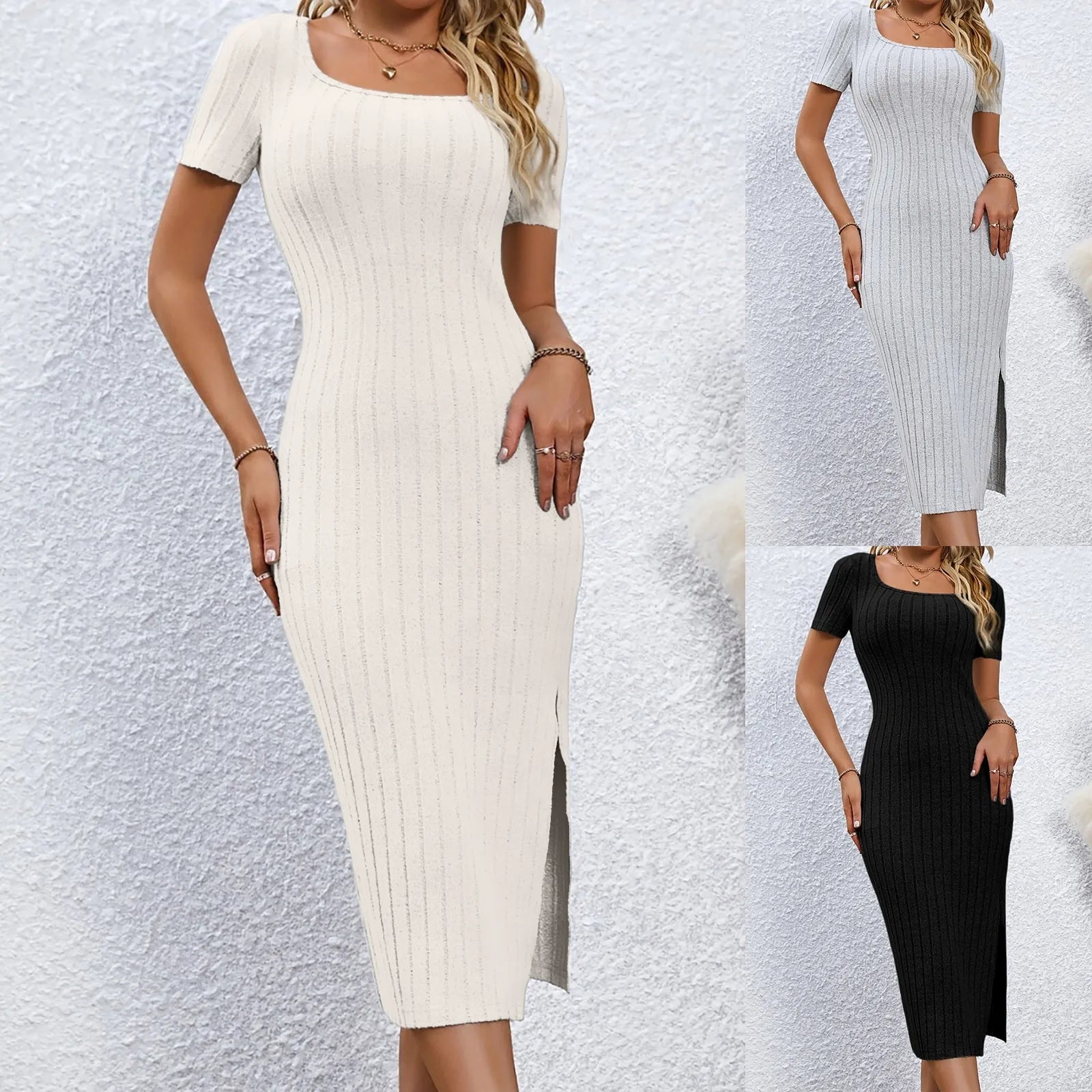 Dresses for Women 2024 plus Size Women'S Summer Bodycon Sundresses Casual Short Sleeve Square Neck Midi Vestidos De Fiesta