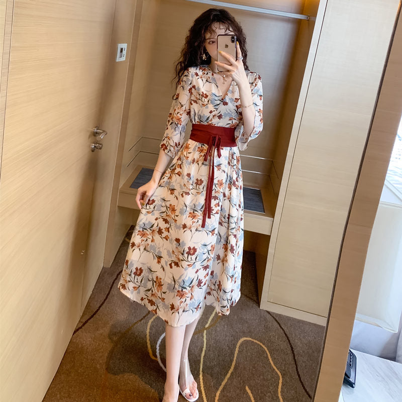 Plus size modificeret Hanfu sommerkjole med blomsterprint