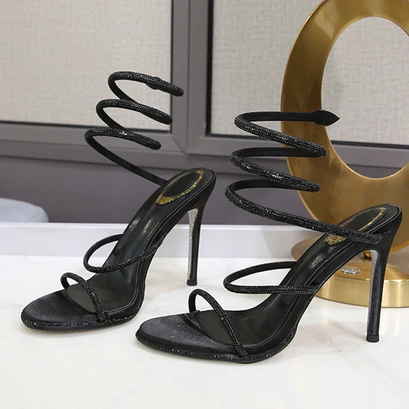 Eilyken Crystal Rhinestone Open Toe Woman Sandals Design Sexy Thin High Heels Party Prom Shoes Fashion Ankle Strap Pumps