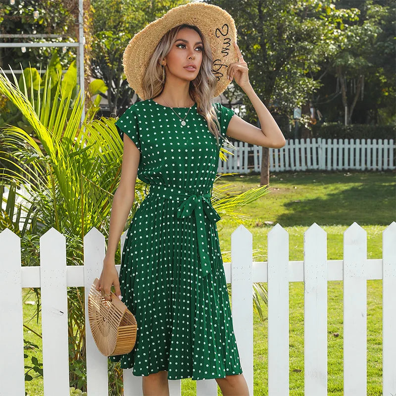 Summer Dresses for Women High Waist Midi Elegant Pleated Polka Dots Office Lady Dinner Party Vacation Dress Female Clothing Robe