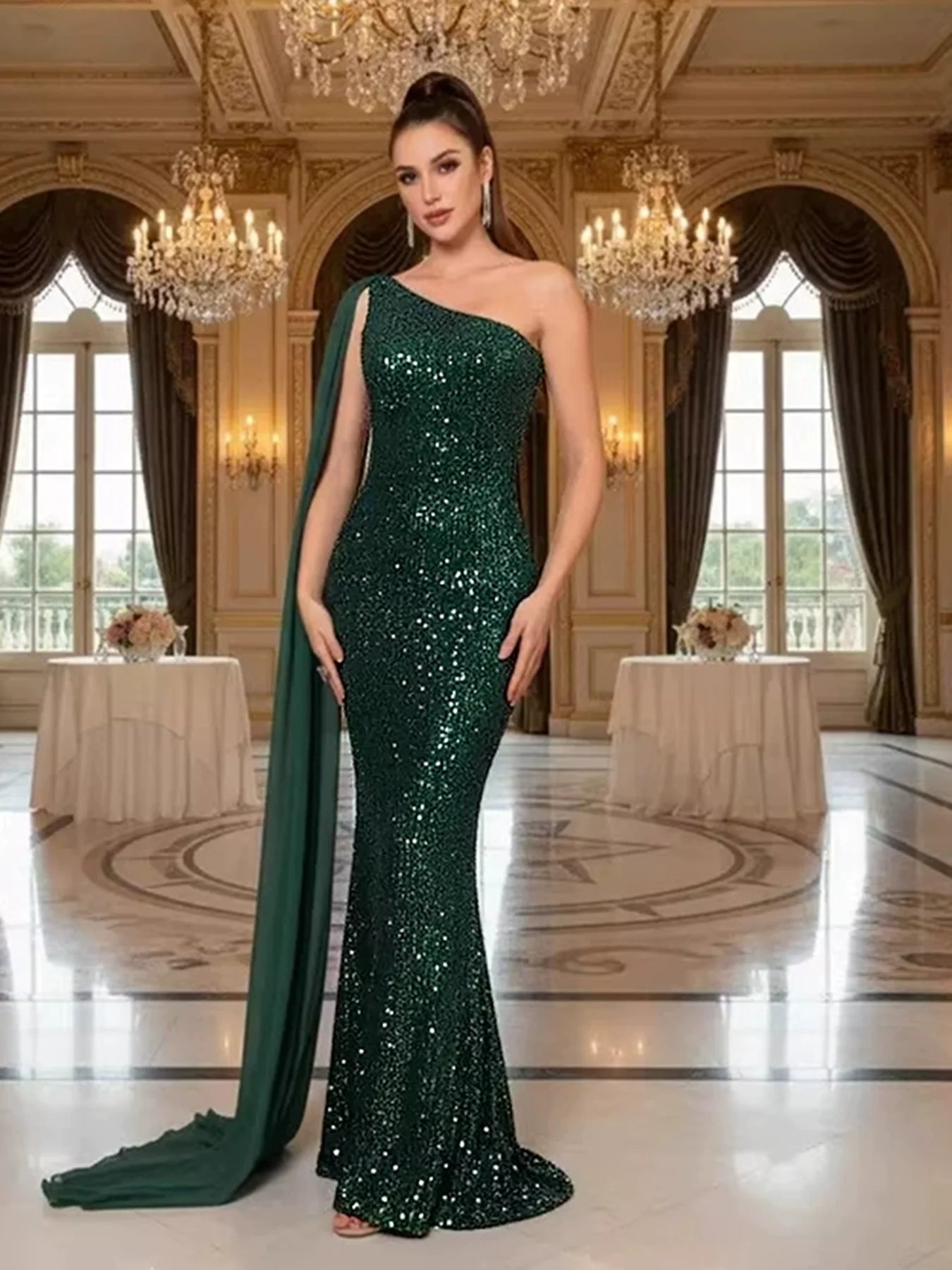 One Shoulder Chiffon Ribbon Flip Green Sequined Evening Dress Long Prom Maxi Gown for Women