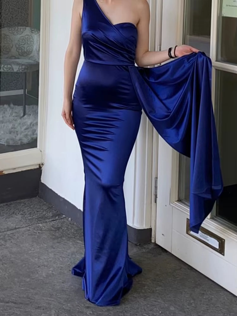 One Shoulder Padded Sexy Satin Maxi Dress Women'S Evening Party Dress Gown with Ribbon Royal Blue Green Draped Long Dress
