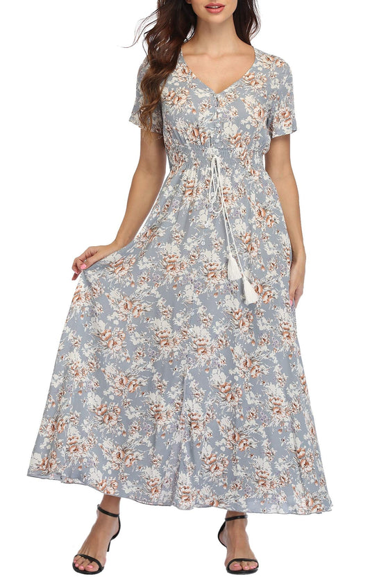 Vintage blomsterprint maxi kjole til kvinder – Boho knaplukning med slids til strand og fest XXL