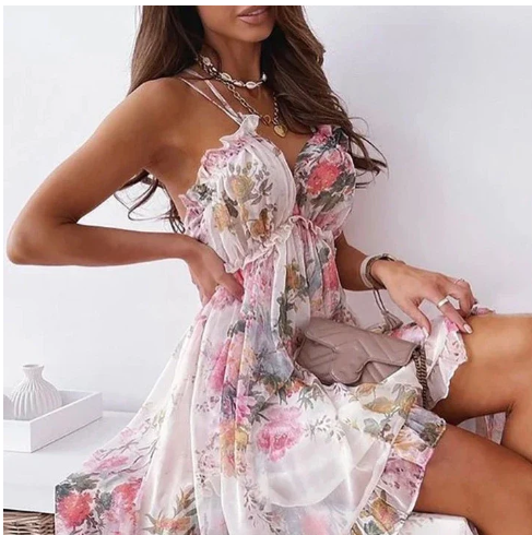 Palermo Bohemisk Sommer Slip Kjole – Chiffon med Print