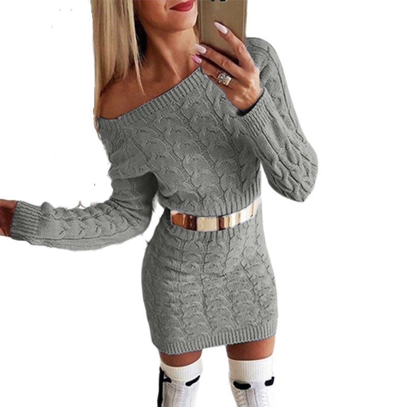 Off-Shoulder Strikkjole med Taljesnit – Blomsterstrik i Fluo Farver